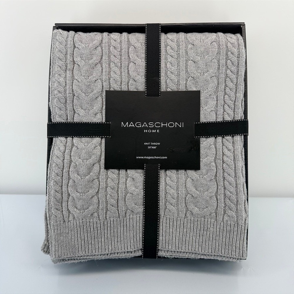 Magaschoni Cable Knit Sweater Throw Blanket 50" X 60" Gray Heather NWT Gift Box